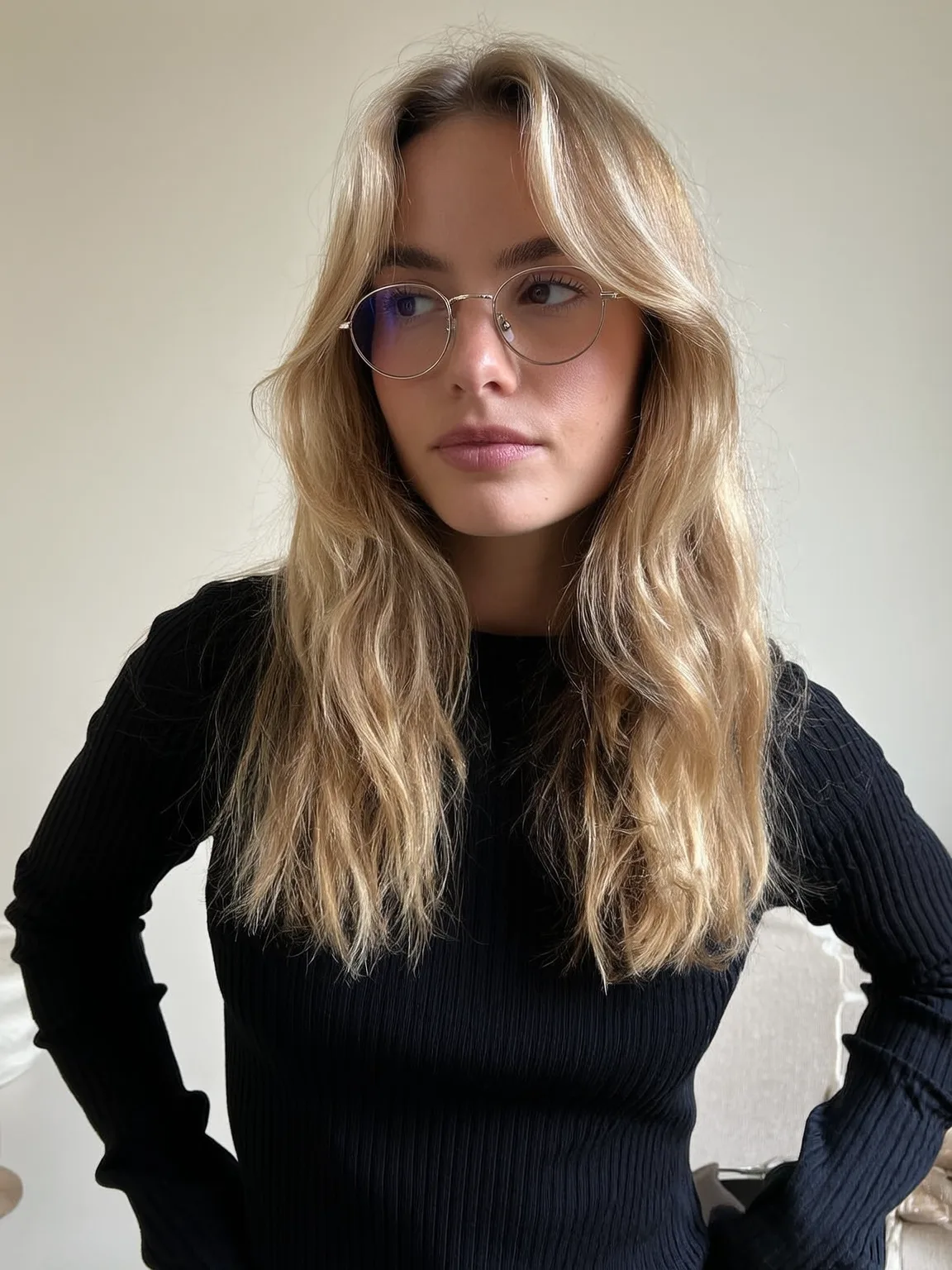 Buttery Blonde Medium Length Waves with Curtain Bangs